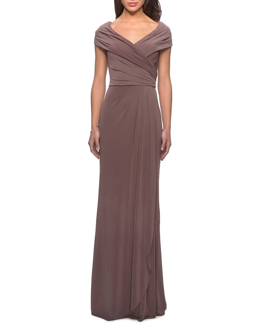 Image 1 of 2: Short-Sleeve Ruched Jersey Gown Dress