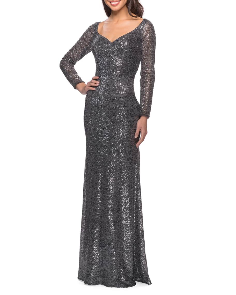 La Femme Long-Sleeve V-Neck Sequin Dress | Neiman Marcus
