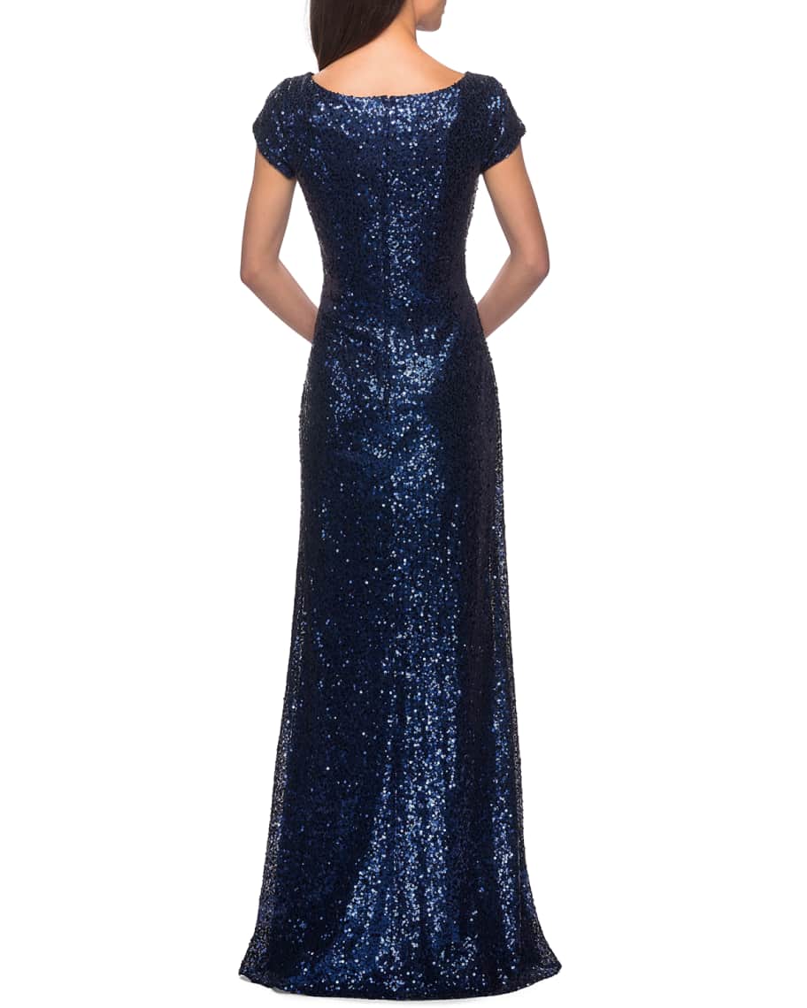 Image 2 of 2: Short-Sleeve Long Sequin Dress