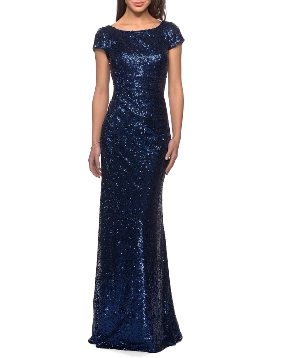 Image 1 of 2: Short-Sleeve Long Sequin Dress