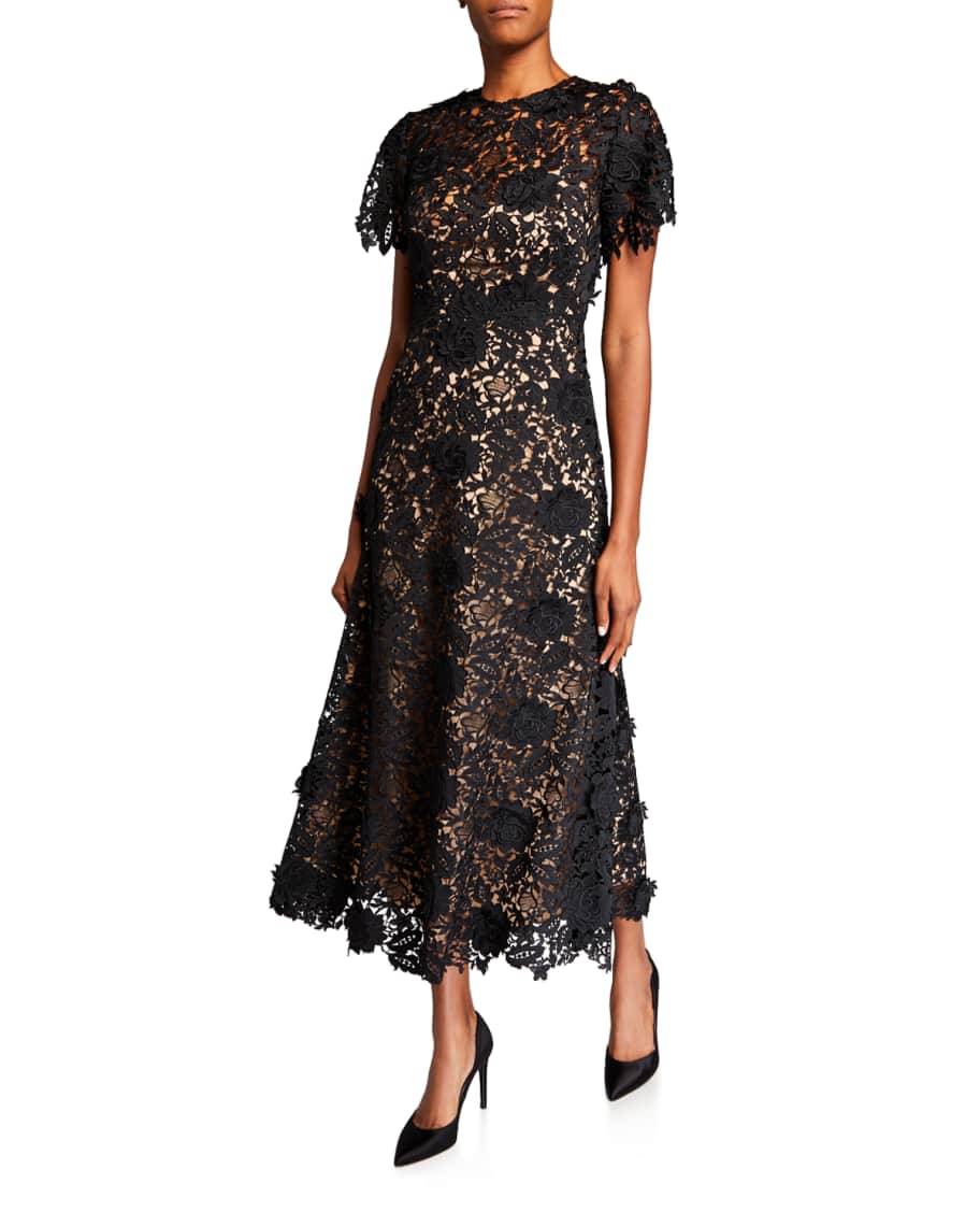 Lela Rose Lace Flutter-Sleeve Midi Dress | Neiman Marcus
