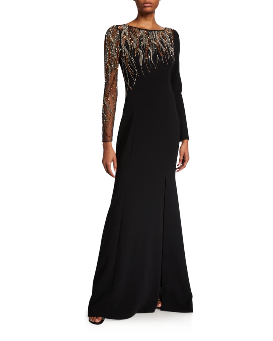 Theia Couture Bead Embellished Long-Sleeve Crepe Gown w/ Illusion ...