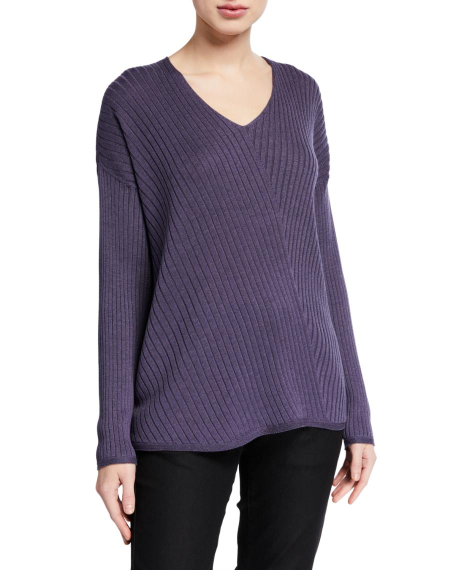 Eileen Fisher V-Neck Long-Sleeve Variegated Rib Sweater | Neiman Marcus