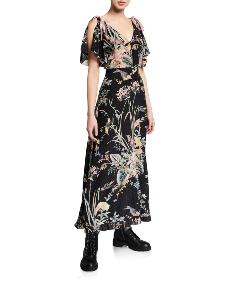 REDValentino Long Floral-Print V-Neck Tie-Shoulder Dress | Neiman Marcus