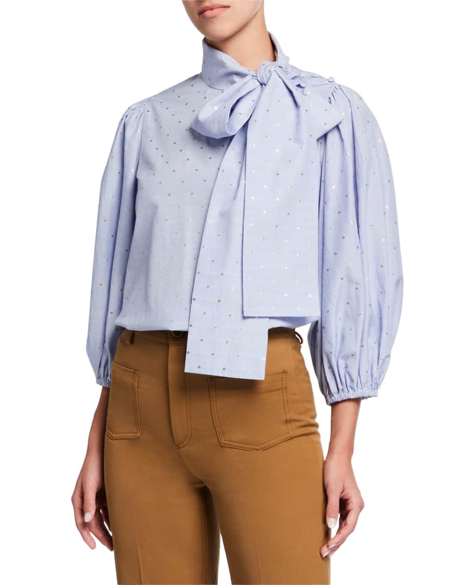 REDValentino Tiny Pinstripe Metallic Dot Tie-Neck Shirt | Neiman Marcus