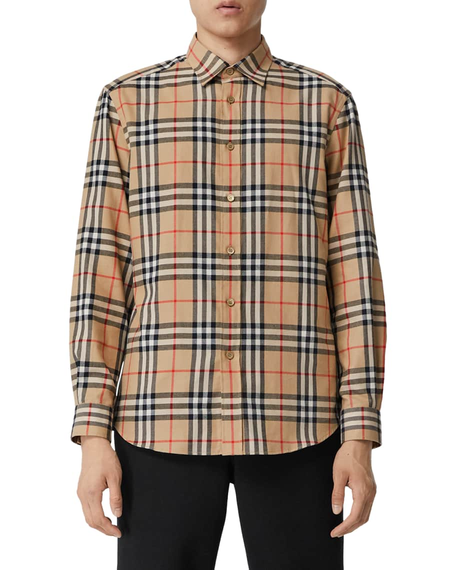 Burberry Men's Chambers Check Flannel Sport Shirt, Beige | Neiman Marcus