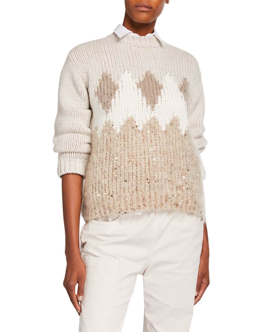 Brunello Cucinelli Fair Isle Sequined Wool-Cashmere Sweater | Neiman Marcus