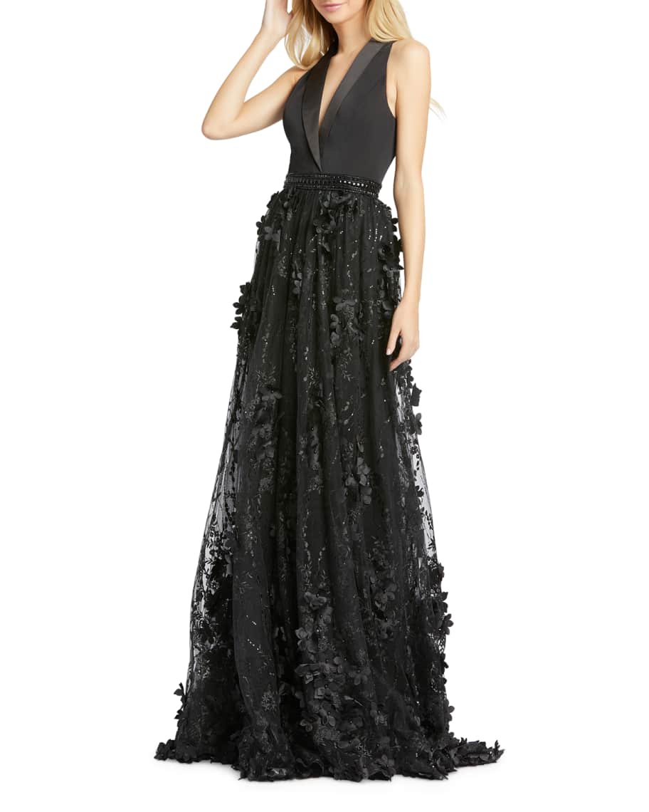 Mac Duggal V-Neck Sleeveless Tuxedo Gown with Floral Embroidery ...