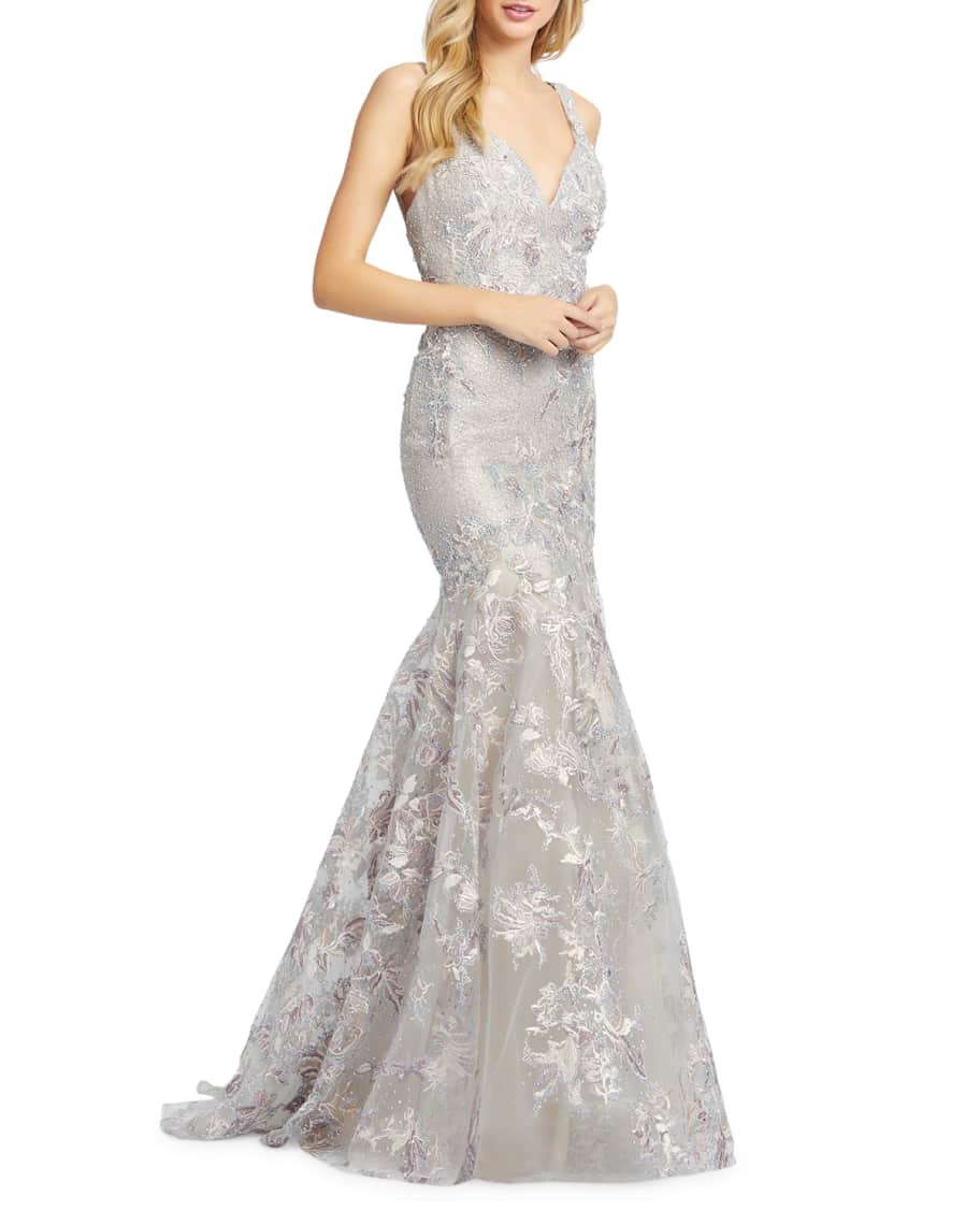 Mac Duggal V-Neck Sleeveless Embroidered Trumpet Gown with Sequins ...