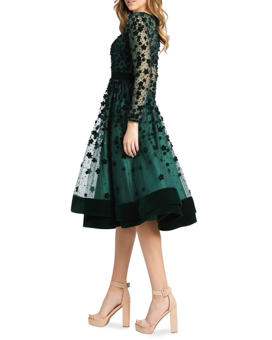 Image 2 of 4: Long-Sleeve Tea-Length Floral Applique Cocktail Dress