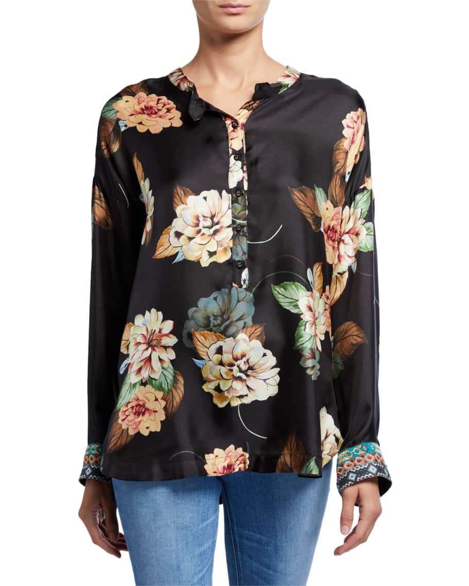 Johnny Was Corey Floral Print Long-Sleeve Silk Boxy Top | Neiman Marcus