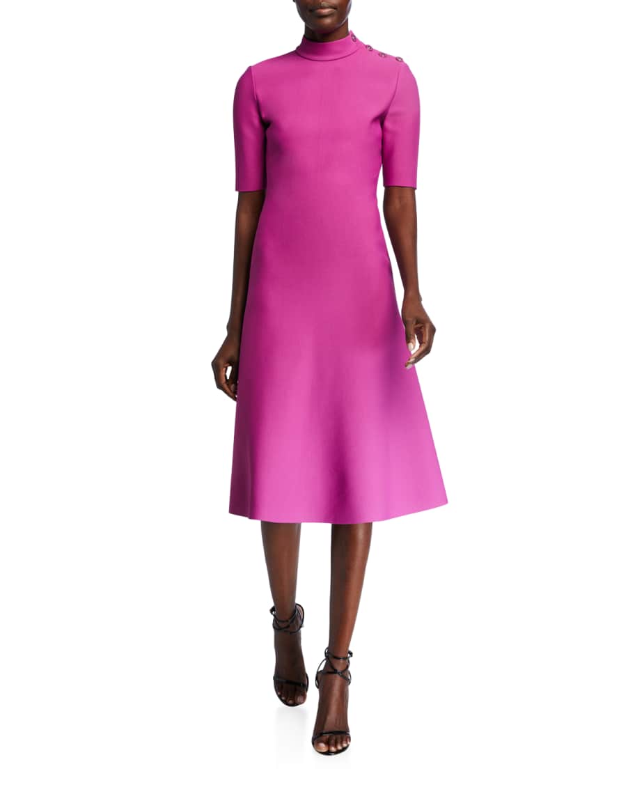 Image 1 of 2: Mock-Neck Sculpted Milano Knit Elbow-Sleeve Dress w/ Button Shoulder Placket