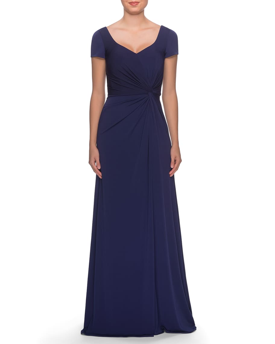 La Femme V-Neck Cap-Sleeve Jersey Gown with Knot & Ruching | Neiman Marcus