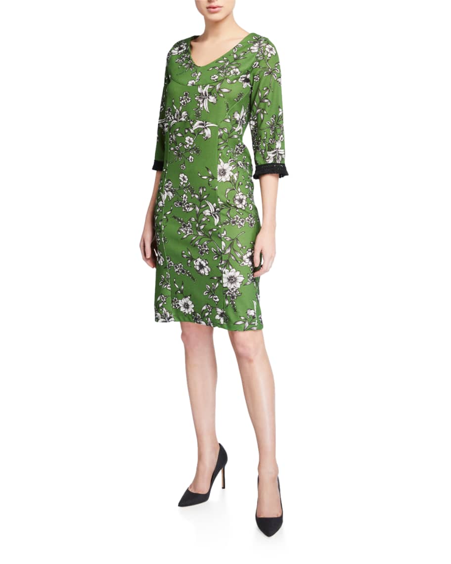 Melissa Masse Floral V-Neck 3/4-Sleeve Stretch Crepe Dress | Neiman Marcus