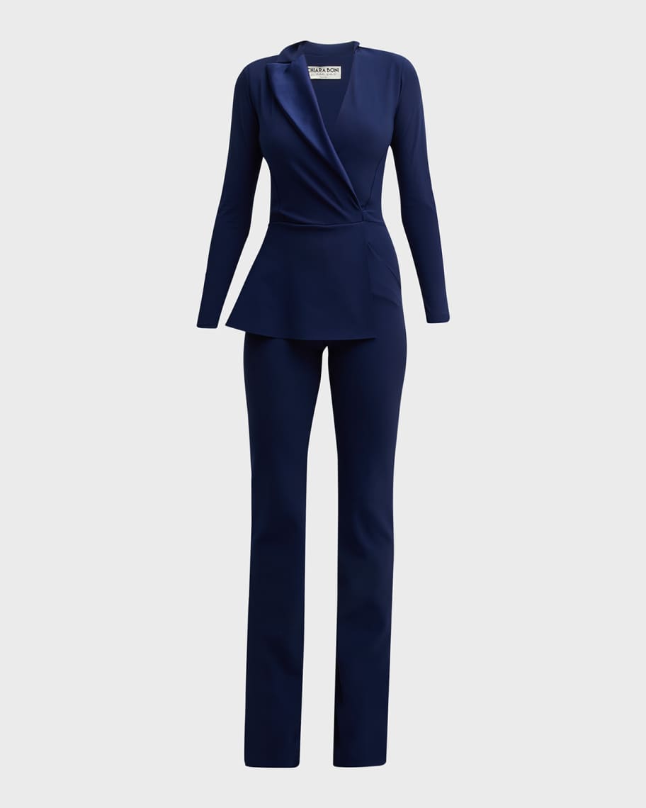 Image 1 of 6: Satin Lapel Long-Sleeve Peplum Jumpsuit