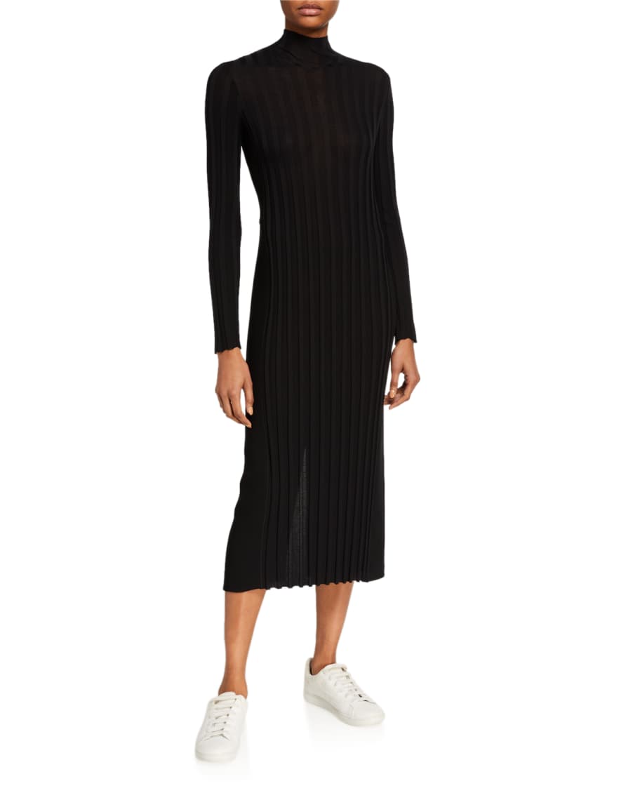 Vince Mixed Rib Long-Sleeve Midi Turtleneck Dress Neiman Marcus