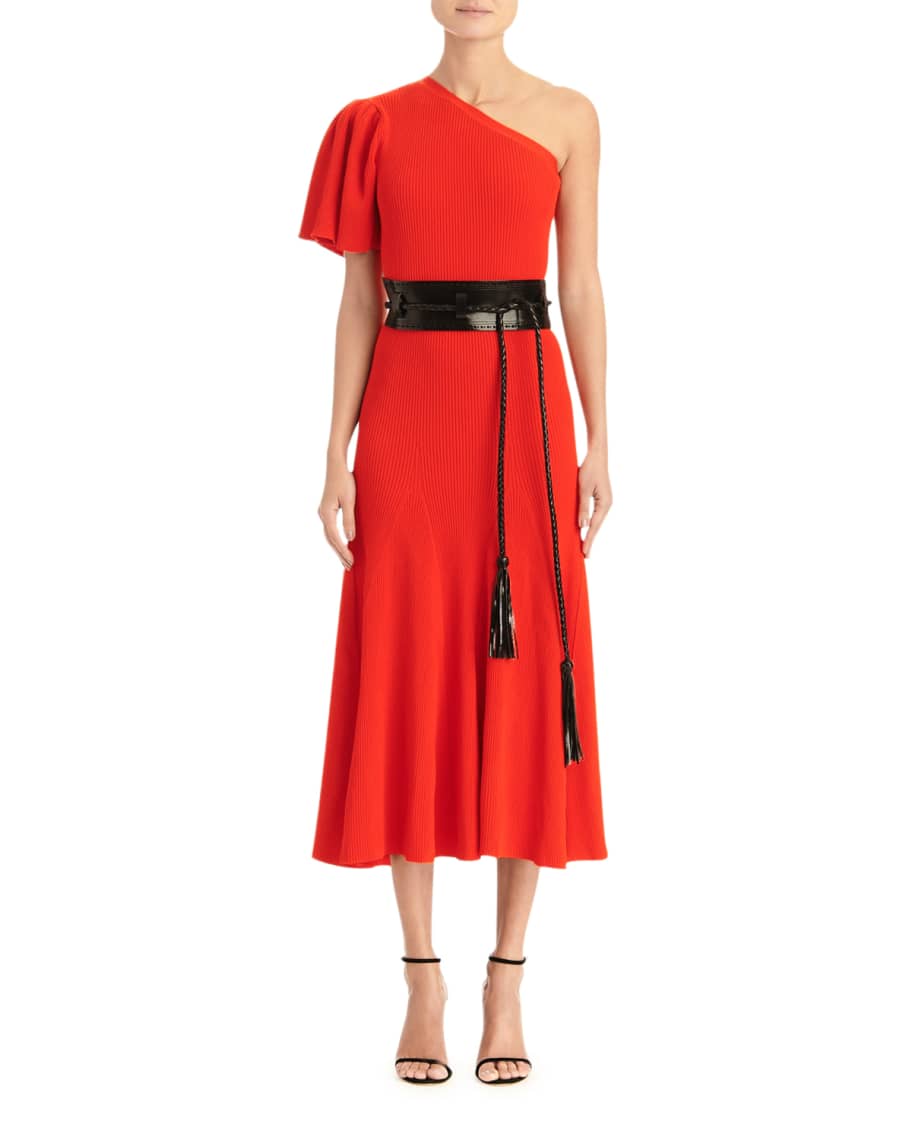 Carolina Herrera One-Shoulder Flutter Sleeve Knit Dress | Neiman Marcus