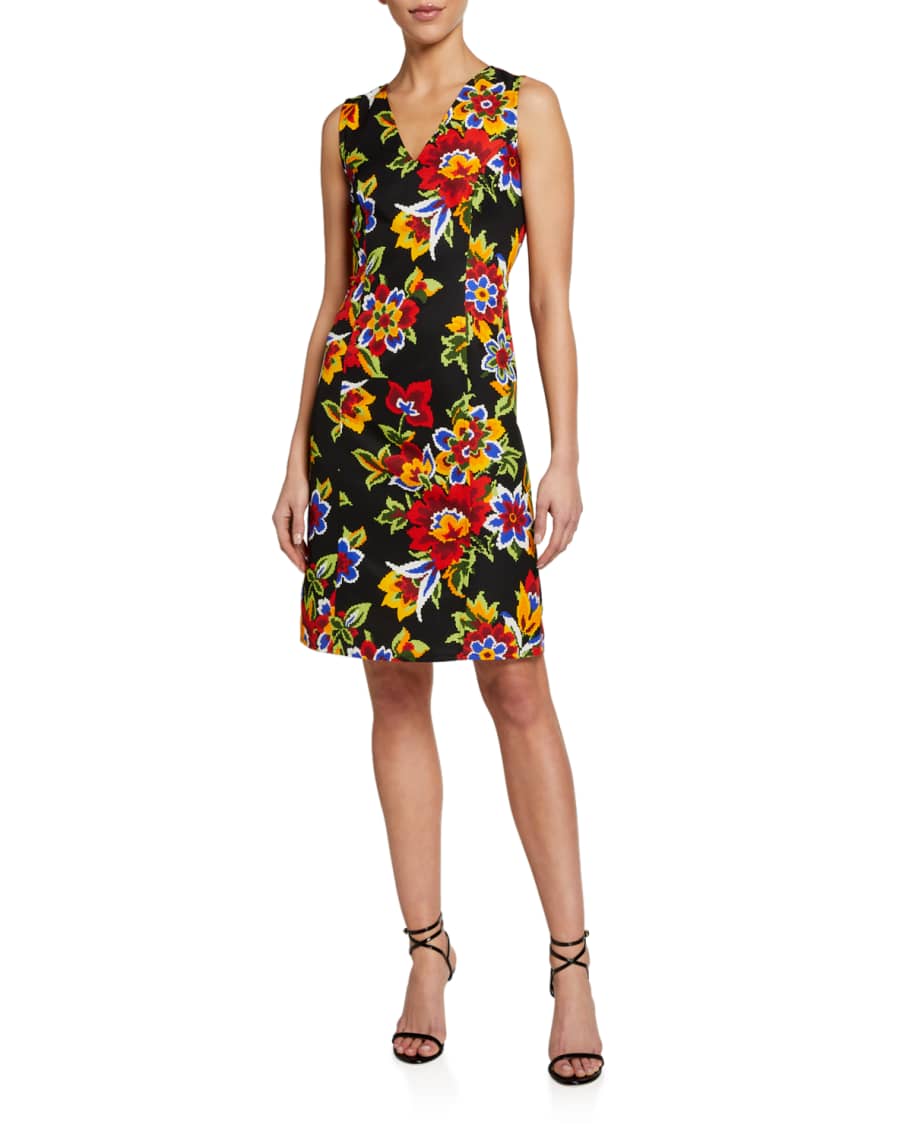Carolina Herrera Floral Jacquard V-Neck Shift Dress | Neiman Marcus