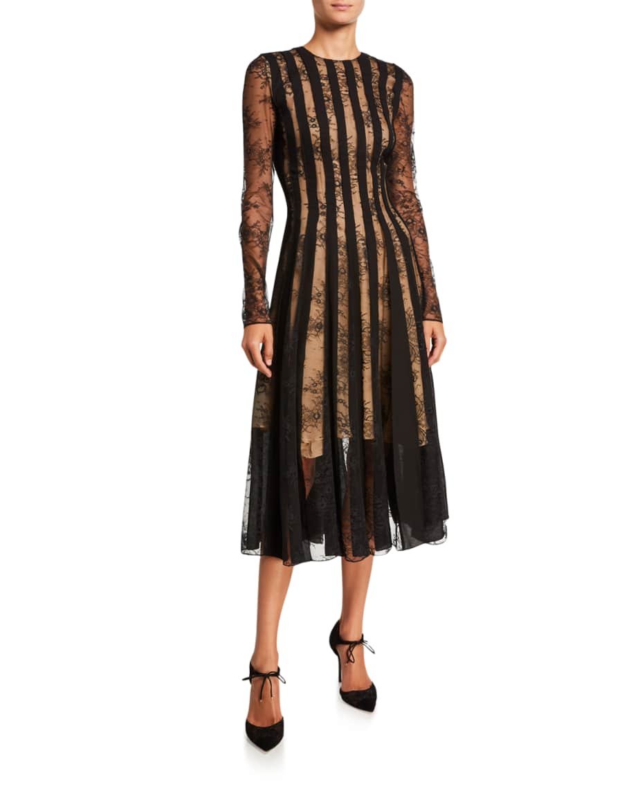 Oscar de la Renta Striped Lace Long-Sleeve Midi Cocktail Dress | Neiman ...