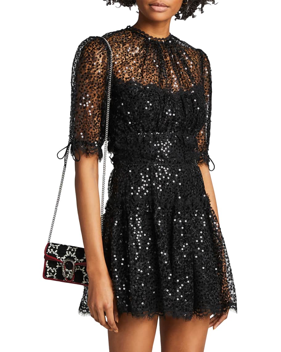 Jonathan Simkhai Sequined Lace Short Sleeve Mini Dress Neiman Marcus
