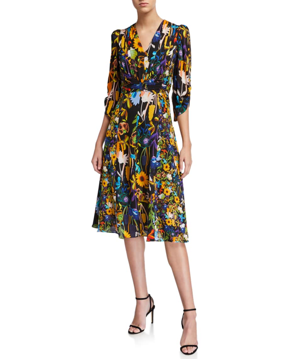 Kobi Halperin Kailyn Floral V-Neck 3/4-Sleeve Dress | Neiman Marcus