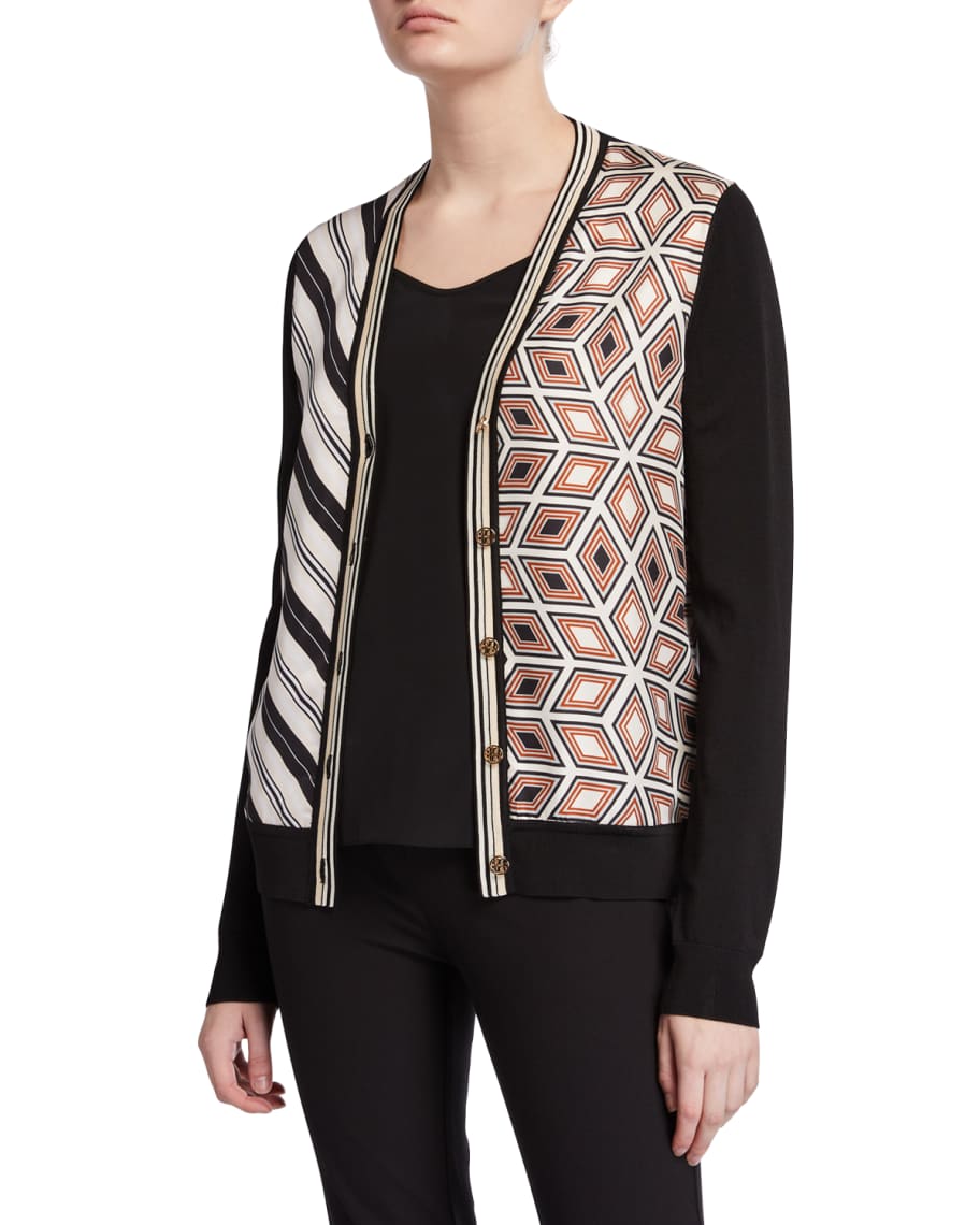 Tory Burch Mix Print Silk Front V-Neck Button-Front Cardigan | Neiman Marcus