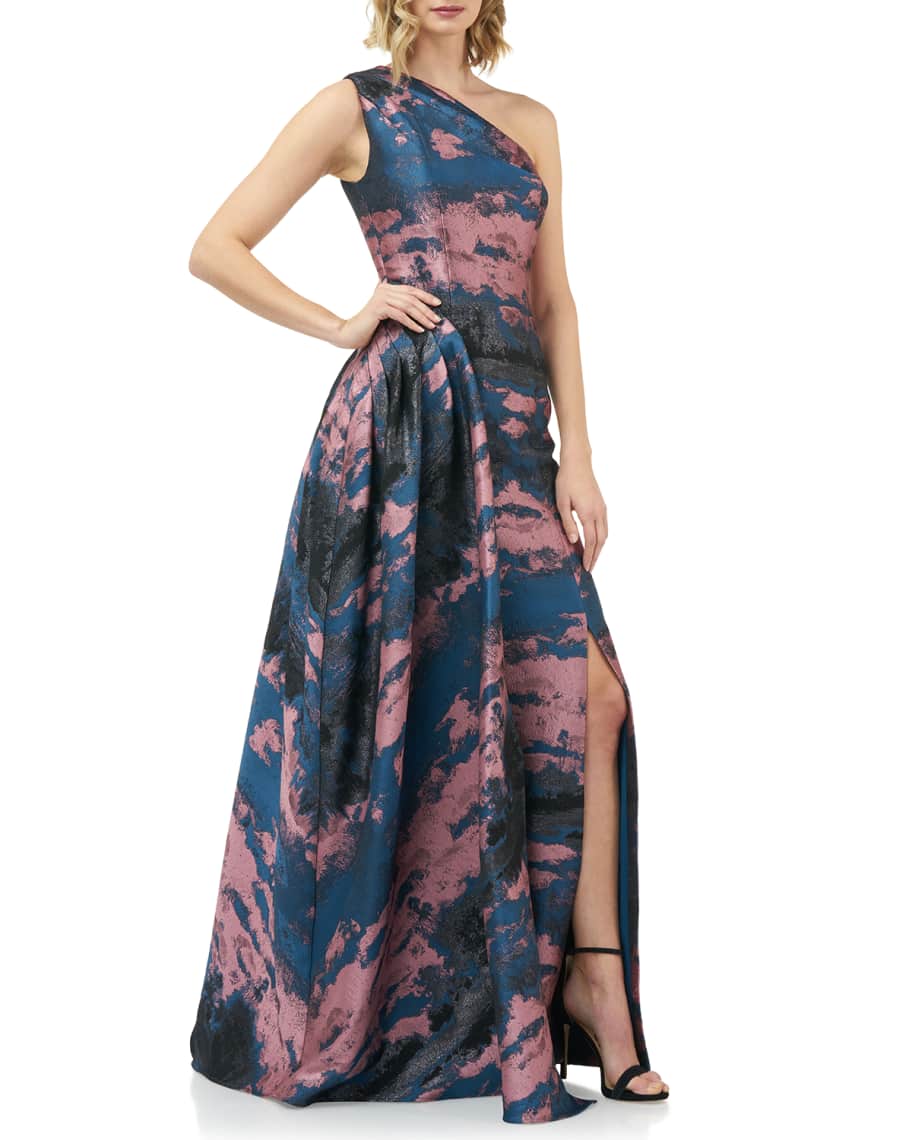 Kay Unger New York Noelle Abstract Jacquard One-Shoulder Gown w/ Side ...