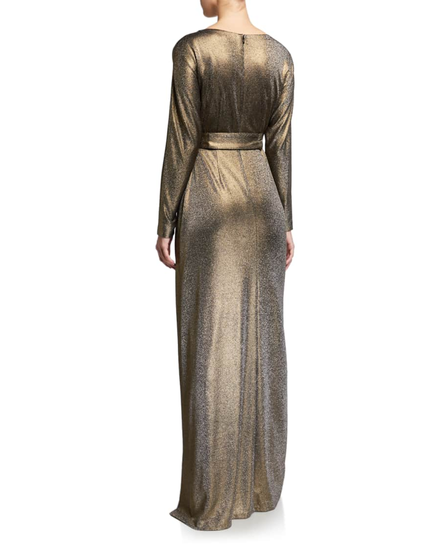 Rickie Freeman for Teri Jon Draped Metallic V-Neck Long-Sleeve Column ...