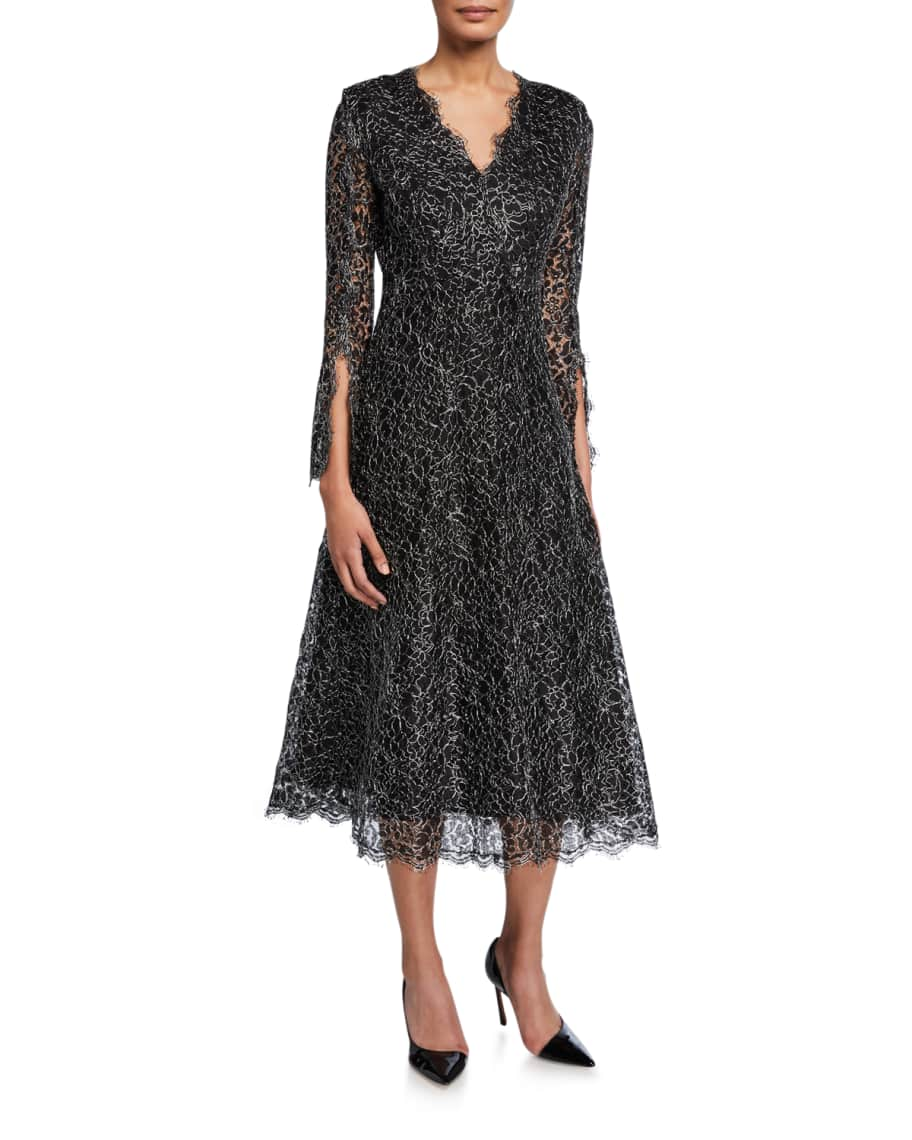 Escada Dheve Metallic Floral Lace Midi Dress | Neiman Marcus