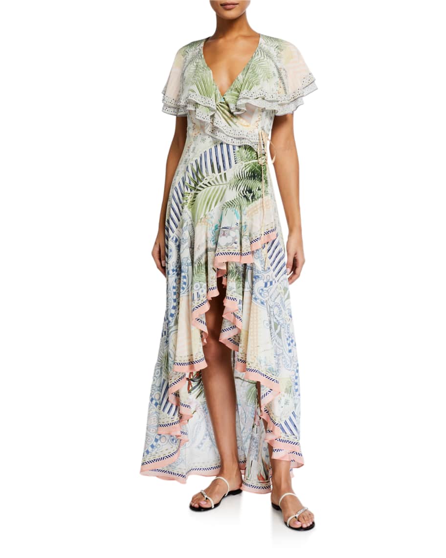 Camilla Frill-Sleeve Embellished Silk Wrap Dress | Neiman Marcus