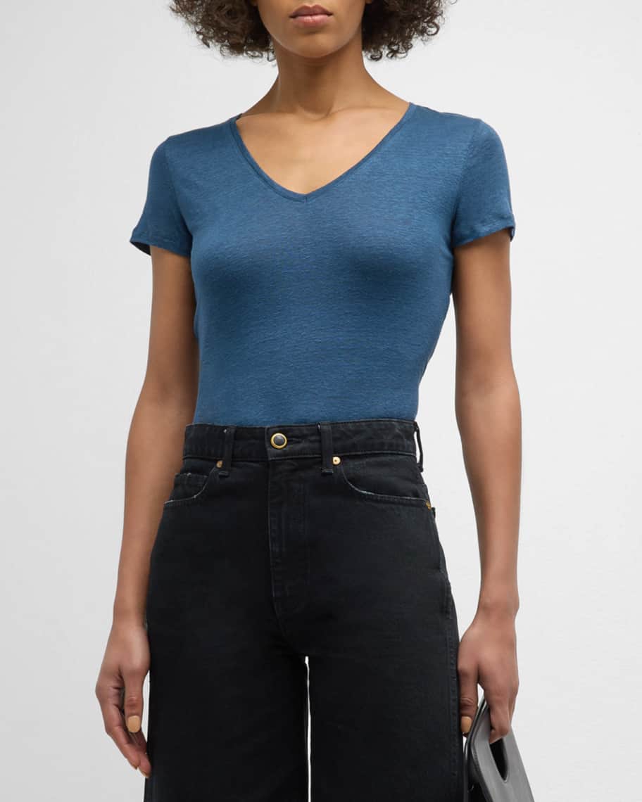 Image 3 of 6: V-Neck Short-Sleeve Stretch Linen T-Shirt