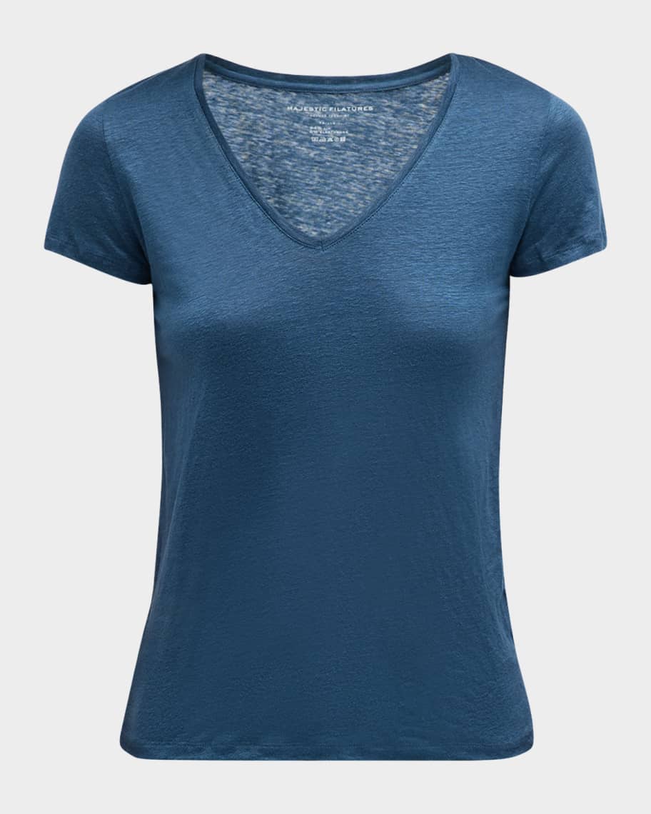 Image 1 of 6: V-Neck Short-Sleeve Stretch Linen T-Shirt