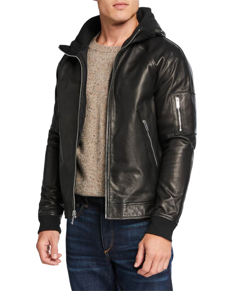Karl Lagerfeld Men's Leather Jacket w/ Packaway Hood | Neiman Marcus