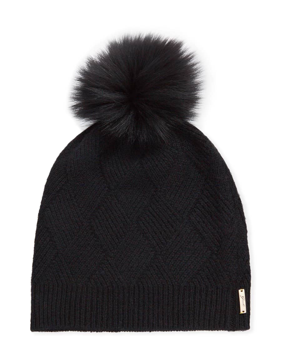 Gorski Diamond Knit Cashmere Beanie Hat w/ Fur Pompom | Neiman Marcus