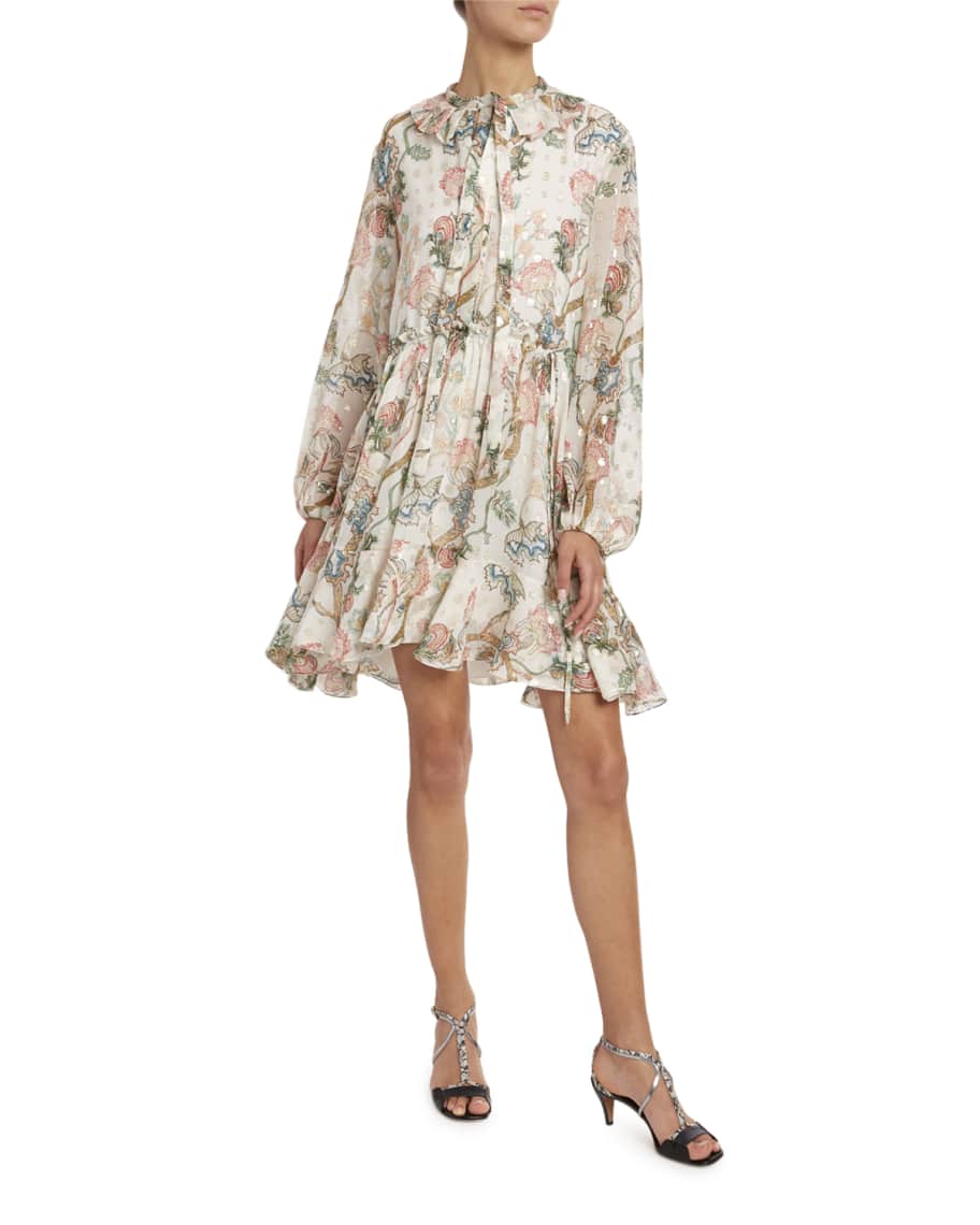 Chloe Flower Print Metallic-Jacquard Shirtdress | Neiman Marcus