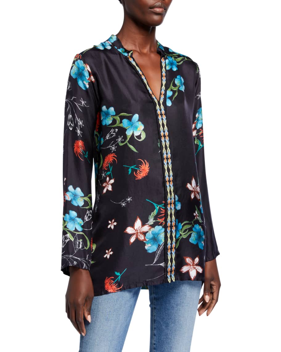 Johnny Was Becca Floral Print V-Neck Long-Sleeve Silk Top | Neiman Marcus