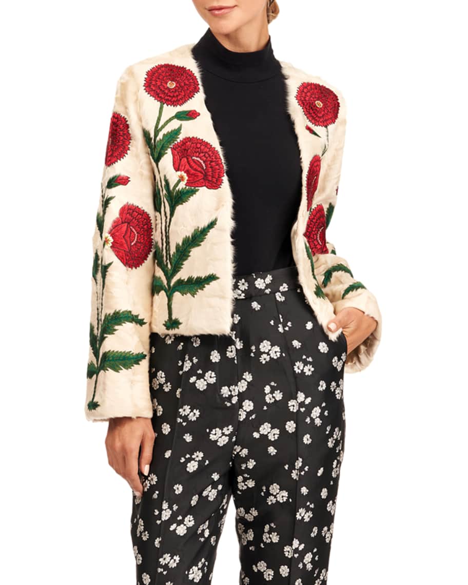 Oscar de la Renta Lamb Fur Jacket With Poppy Embroidery | Neiman Marcus