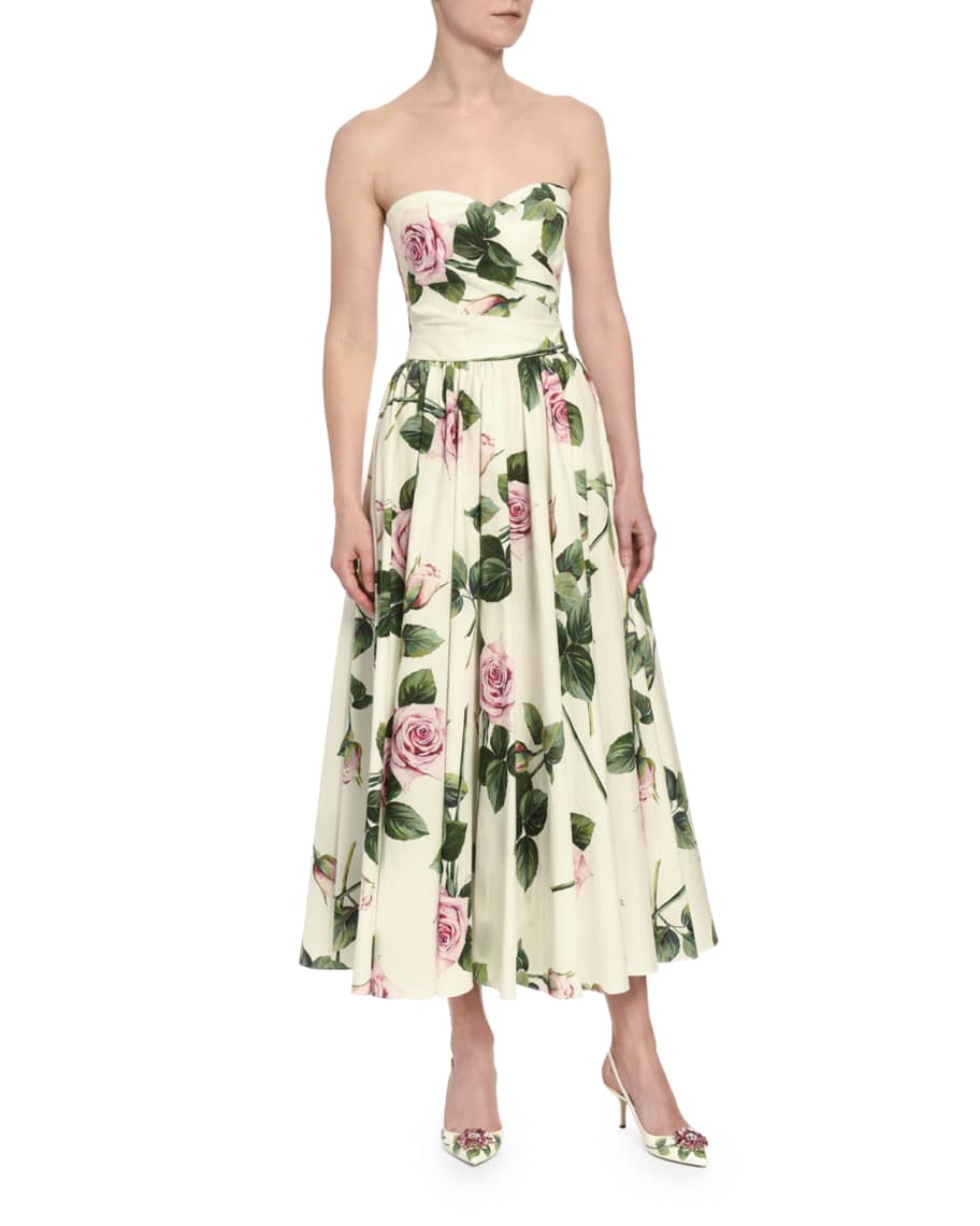 Dolce&Gabbana Strapless Floral-Print Poplin Midi Dress | Neiman Marcus