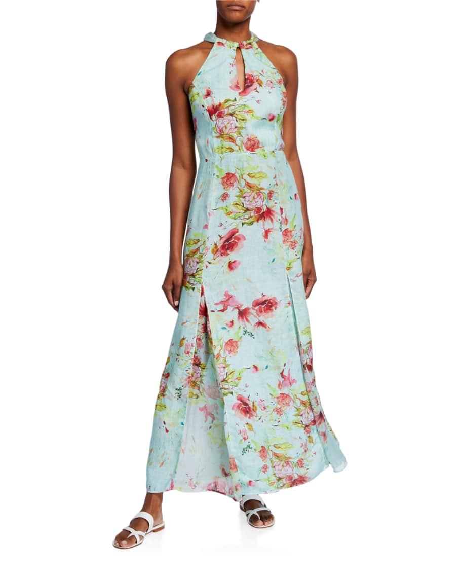120% Lino Floral Print Keyhole-Neck Halter Maxi Dress | Neiman Marcus