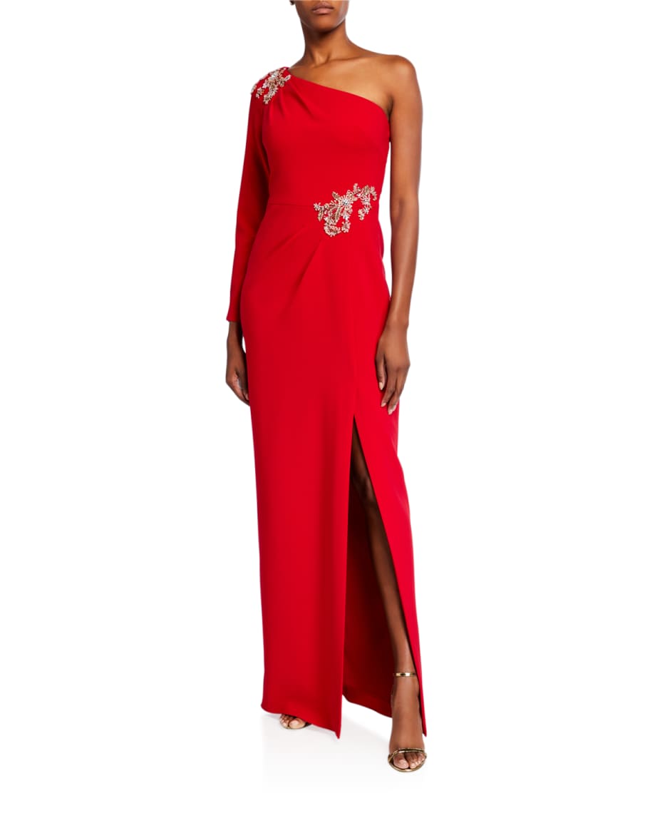 Marchesa Notte One-Shoulder Stretch Crepe Gown w/ Beaded Details ...