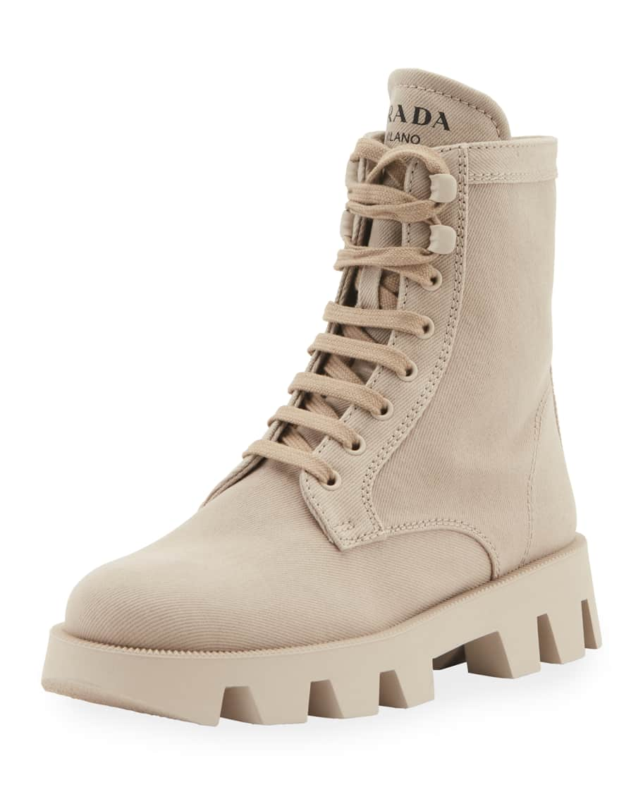 Prada Lug-Sole Canvas Combat Boots | Neiman Marcus