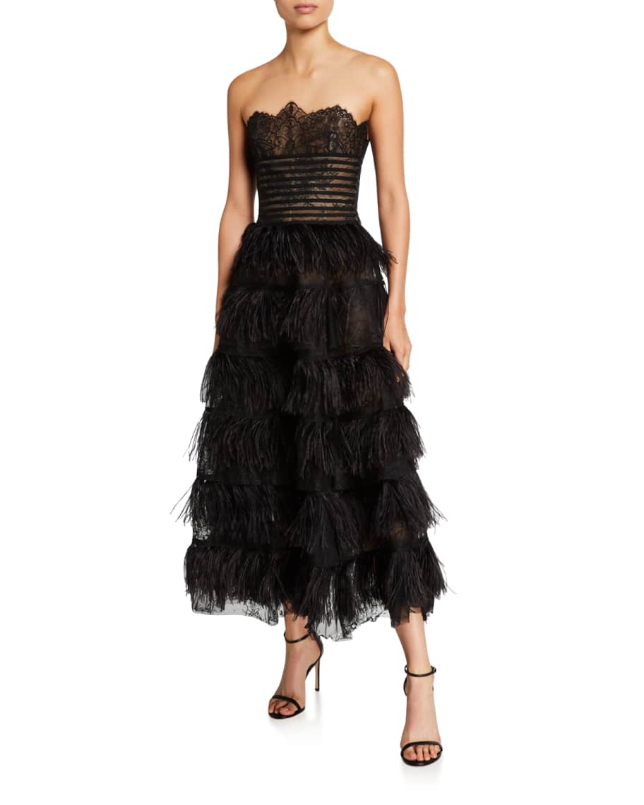 Oscar de la Renta Lace Bodice Strapless Feather-Skirt Gown | Neiman Marcus