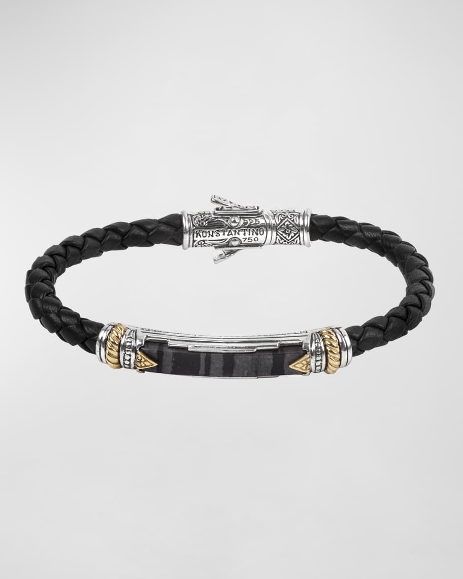 Konstantino 18K Gold/Silver Braided Leather Ferrite Bar Bracelet ...
