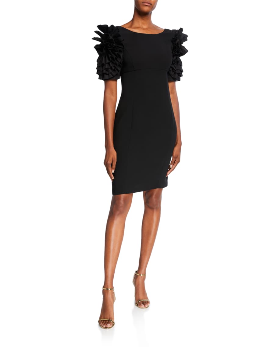 Shani Crepe Sheath Dress with Dramatic Floral Sleeves | Neiman Marcus