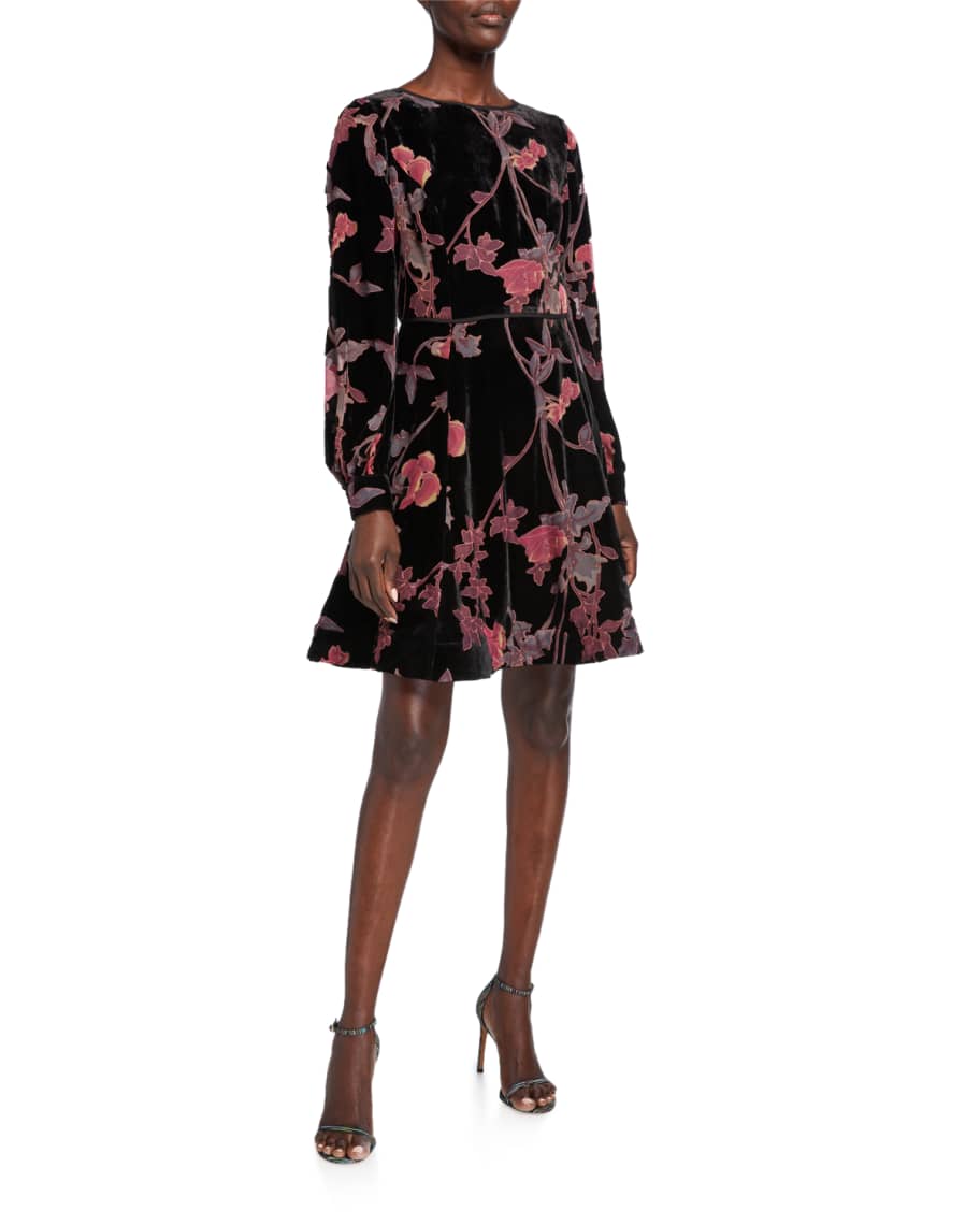 Shani Floral Burnout Velvet Long-Sleeve Fit-and-Flare Dress | Neiman Marcus