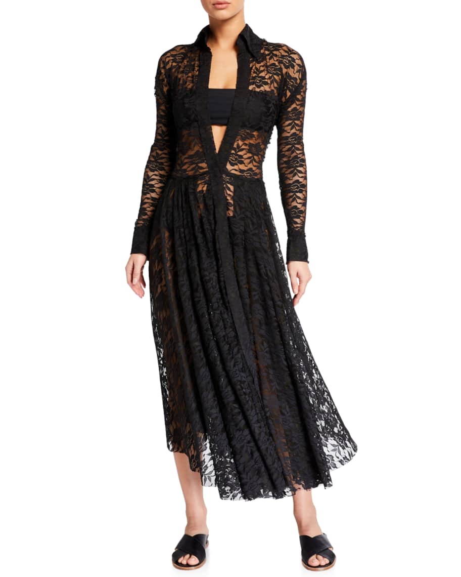 Norma Kamali Flared Lace Long-Sleeve Coverup Dress | Neiman Marcus