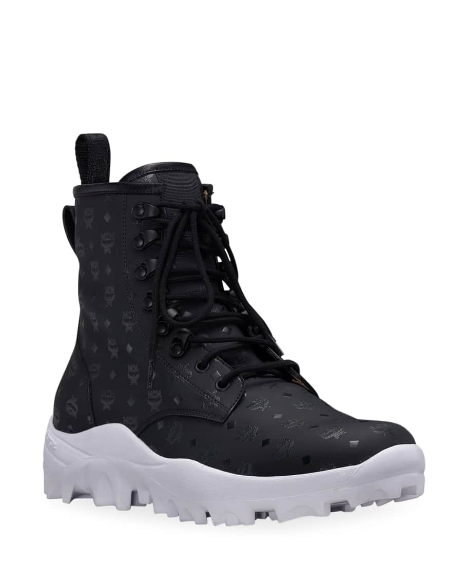 MCM Men s Logo Group Visetos Faux Leather Boots Neiman Marcus