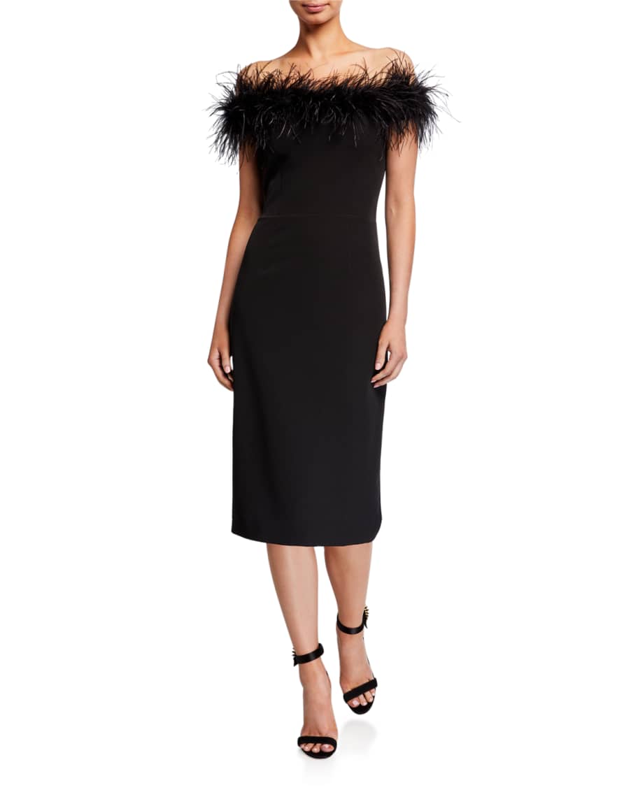 Milly Off-the-Shoulder Feather Bodice Cady Sheath Dress | Neiman Marcus