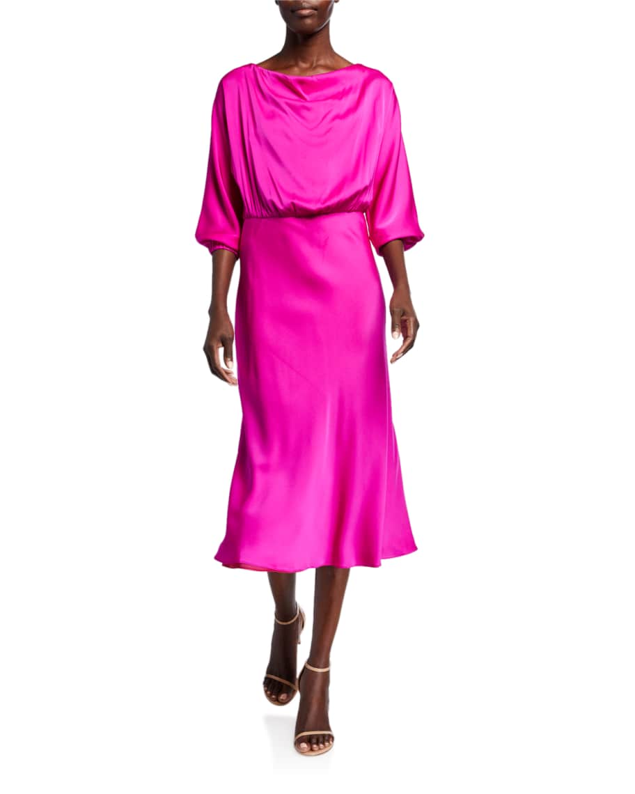 Milly Dia Cowl-Neck 1/2-Sleeve Stretch Silk Midi Dress | Neiman Marcus