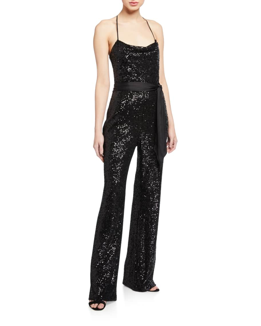 Parker Black Kallie Sequin Cowl-Neck Jumpsuit w/ Satin Belt | Neiman Marcus